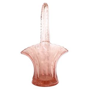DEPRESSION GLASS WESTMORELAND Pink Floral Handled Crimped Basket